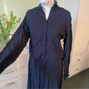 Navy Blue Modest Long Sleeve Button Down Maxi Straight Elastic Shirt Dress Sz XS
